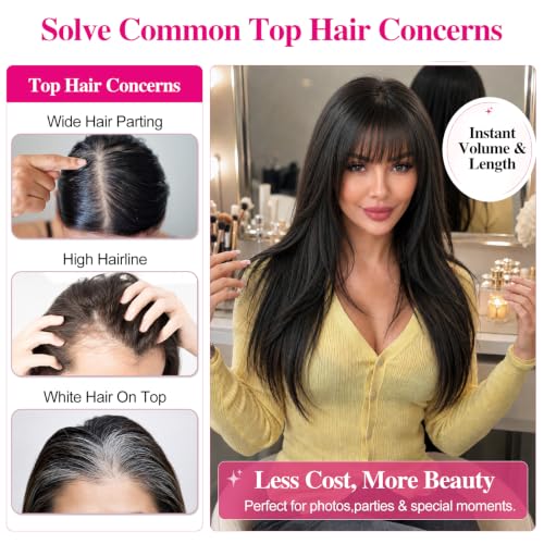 Hair Topper for Women 20" with Bangs, Black Brown for Thinning Hair