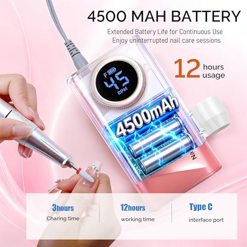 Professional Electric Nail Drill, 45000 RPM Portable Rechargeable Nail FileMachine for Acrylic Nails, E-File Electric Nail File Kit with Battery & LCD Display (Pink-Gradient)