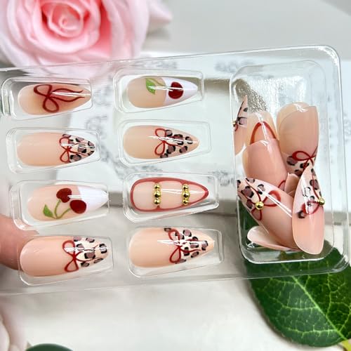 3D Cherry Bow Leopard Print Press On Nails - Long Almond Acrylic Set