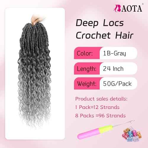 24 Inch 8 Packs Deep Faux Locs Crochet Hair Ombre Gray of Soft Locs with Curly Ends Perfect Pre Looped Deep Wavy Styles for Crochet Hair Black Women Embrace Your Beauty