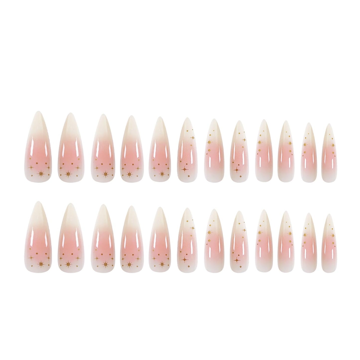 24Pcs Long Press on Nails Stiletto Fake Nails Pink False Nails with Gold Star Design Glossy Glue on Nails Almond Full Cover Artificial Acrylic Nails Ombre Press on Nails for Women Manicure Decorations