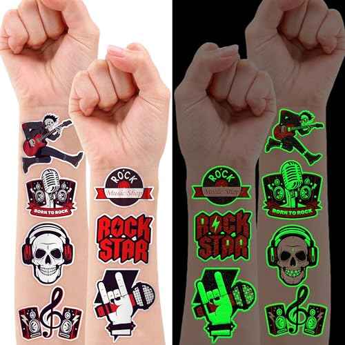 96PCS Born To Rock N Roll Rocks Luminous Glow in the Dark Temporary Tattoos Themed Music Band Birthday Party Decorations Favors Supplies Decor Rockstar Guitar Stickers For Kids (Glow in the dark)