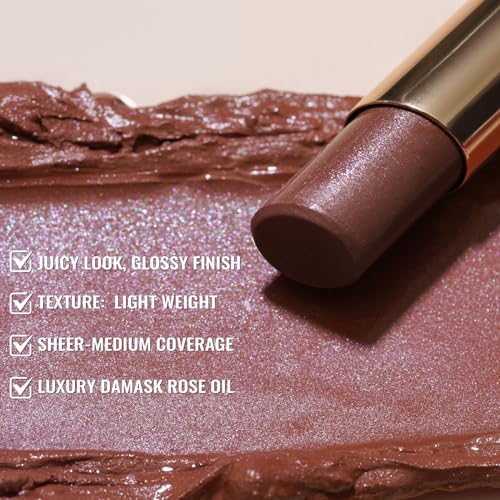 Oulac Moisturizing Shine Brown Red Lipstick for Women - 2 in 1 Glossy Brown Tinted Lip Balm, Hydrating Winter Lipstick for Dry Lips,Shine Juicy Finish Vegan 2.2g/0.07oz (03) | Moisturizing, Tinted Lip Balm