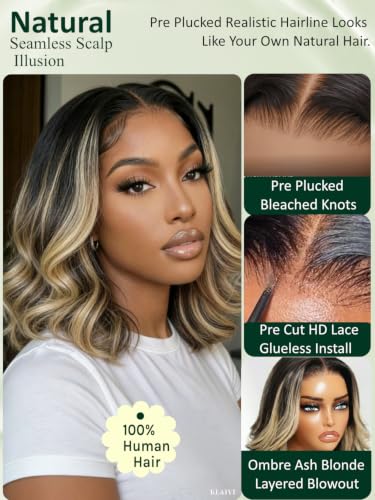 KLAIYI Glueless Ombre Bob Wig - 7x5 Lace Front, 14" Body Wave