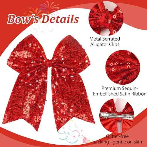 Red Glitter Bow Clips, 7.5 Inch Large Hair Bows Ponytail Holder Hair Accessories for Girls Women Teens for Cheerleading, Dance, Party (Red)