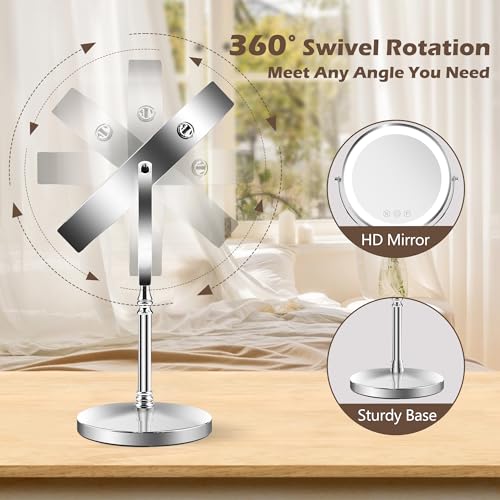 9" Large Lighted Makeup Mirror, 1X/10X Magnifying Makeup Mirror with 3 Colors Dimmable Lightning, 80 LED Lights, 360¡ÆRotation Double Sided Standing Vanity Mirror
