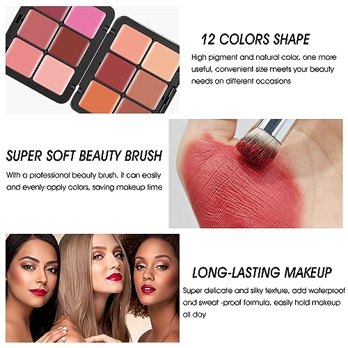 LSxia Set #01 12-Color Cream Blush Makeup Palette for Cheeks, Waterproof & Long-Wearing