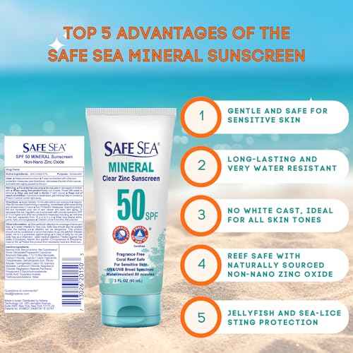 Safe Sea Zinc Oxide Sunscreen SPF50 | Clear Mineral Face Sunscreen Without White Cast | Anti-Jellyfish Sting Protective Lotion | Coral Reef Safe | Travel Size - 2Oz (60ml), Pack of 2