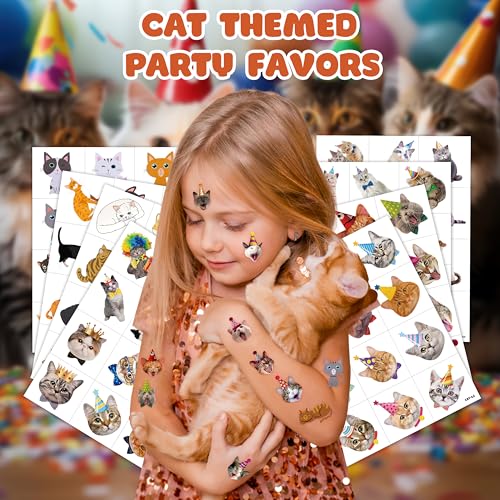 96 PCS Funny Cat Pre-cut Temporary Tattoos Sticker Pet Animal Cats Themed Birthday Party Supplies Decorations Decor Favors Game Gifts Girls Boys Baby Showers Cute Fake Tattoo School Reward Home