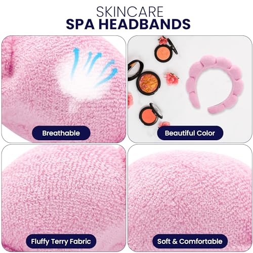 Spa Headbands for Washing Face, Makeup and Skincare. 3 Pc Set of Skin Care Head band with Wristbands. Puffy Terry Cloth, Non Slip Get Ready Hairband for Women, Teens, Girls. Cute Hair Accessories.