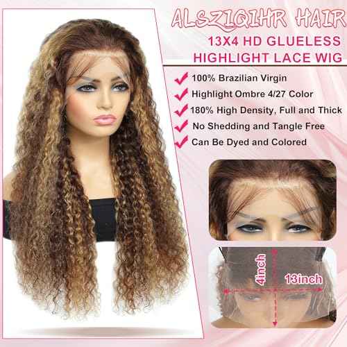 Highlight Ombre 13x4 Lace Front Wig Human Hair Pre Plucked HD Transparent 4/27 Honey Blonde lace frontal Wigs with Baby Hair 180% Density Colored Water Wave Lace Front wig for Women 26 inch