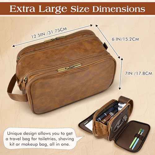 Toiletry Bag for Men,Large Leather Dopp Kit & Travel Organizer, Water-Resistant Shaving Bag for Traveling Gift for Him (Brown)