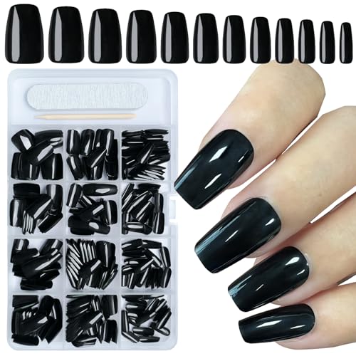 AddFavor 300pcs Coffin Press on Nails Medium Fake Nails Glossy Black Nails Ballerina Square Nail Press on Acrylic False Nail for Women Girls