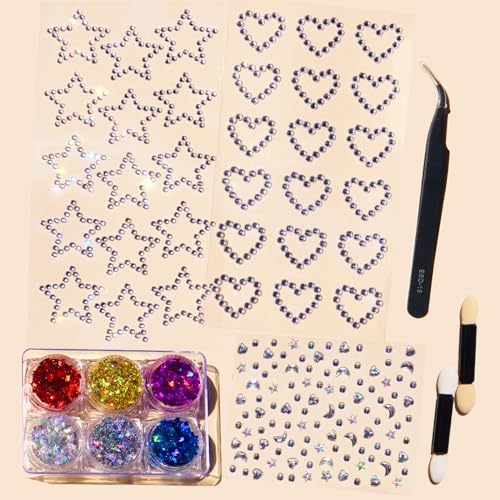Face Glitter Body Glitter Gel with Face Heart Star Stickers, 6 Colors Hair Glitter Gel with Self Adhesive Face Gems Stick on Rhinestone Stickers for Face, Hair, Body for Festival Makeup