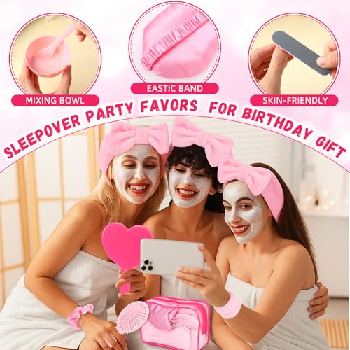 Geelin 132 Pcs/12 Set Spa Sleepover Party Favor Supplies Pink Cosmetic Bags with Heart Mirror Bow Headband Satin Hair Scrunchies Facial Mask Bowl Tool Kit Eye Mask Comb for Women Bridesmaid Gifts
