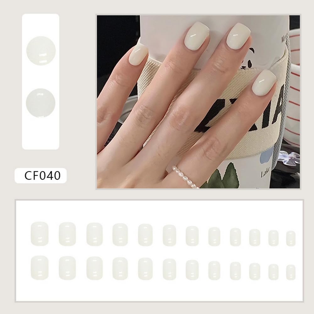 Short Press on Nails Square Fake Nails Full Cover False Nails with Nail Glue Cream White Solid Color Glossy Glue on Nails Stick on Nails Acrylic Nails Artificial Nails for Women Girls 24Pcs