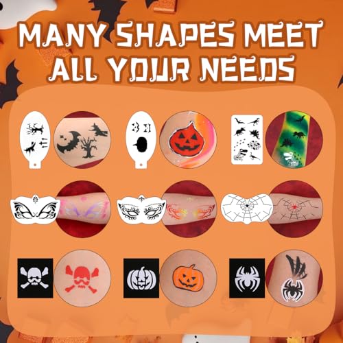 63 pcs Halloween Face Painting Stencils Kit, 38 pcs Reusable Face Body Paint Stencils Templates, 10 Brushes, 13 pcs Sponges, 2 Black Gems for Halloween Makeup Depvision Face Paint Accessory Kit