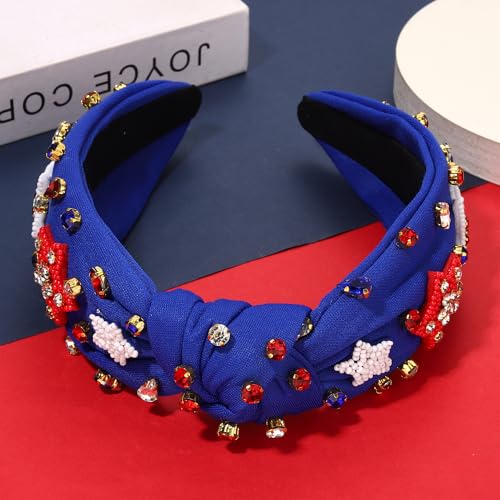 NVENF Pearl Crystal Rhinestone Knotted Headbands, Patriotic Accessories Outfits for Women Holiday Gifts (American Flag Design)