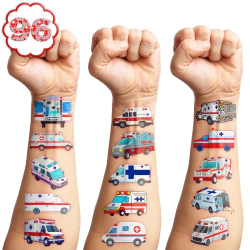 96 Pre-Cut Ambulance Temporary Tattoos for Kids Party