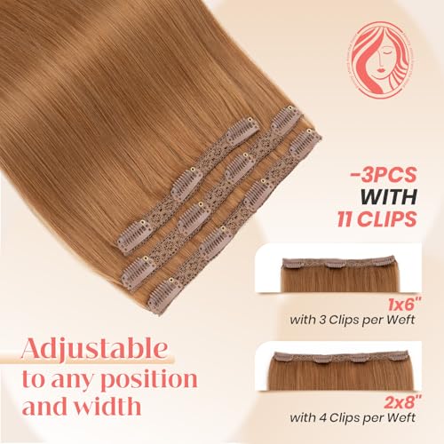 Elailite Clip in Hair Extensions Real Human Hair 3PCS Lace Weft Remy Hairpieces for Women 16 Inch 73g Light Auburn