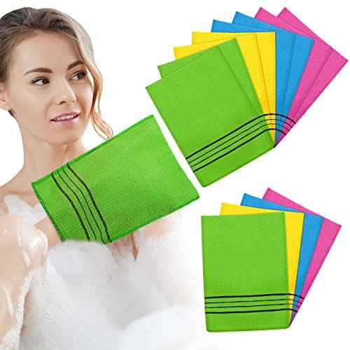 Tatuo 12 Pieces Korean Exfoliating Mitt Glove Italy Towel Body Skin Scrubber Exfoliating Scrubber for Remove Dead Skin Washcloth Korean(Large,Yellow, Green, Blue, Pink)