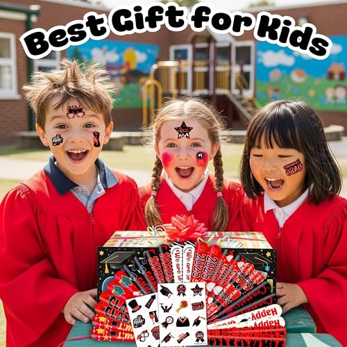 48 PCS 2025 Graduation 24PCS Temporary Tattoos Stickers 24PCS Slap Bracelets Wristbands Perfect for Themed Class Party Supplies Grad & So Proud of You High School College (Red)