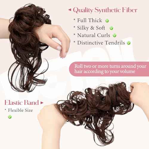 2PCS Messy Bun Hair Piece Tousled Updo with Tendrils Wavy Curly Hair Bun Scrunchies Ponytail Extension Elastic Band Hairpieces For Women (Medium Brown)
