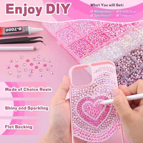 20000Pcs Pink Rhinestones for Bedazzling with B7000 Jewelry Glue, Resin Rhinestones for Crafting Crafts DIY, Bedazzler Kit Gems for Clothing Shoes Tumblers Fabric Nail Art Assorted Size 3/4/5/6mm