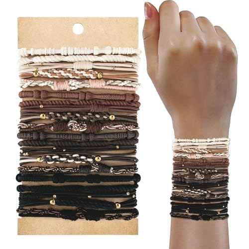 20 PCS Boho Ponytail Holders - 4 Neutral Colors, 5 Styles Hair Bands & Bracelets for Women's Thick or Thin Hair, No Damage
