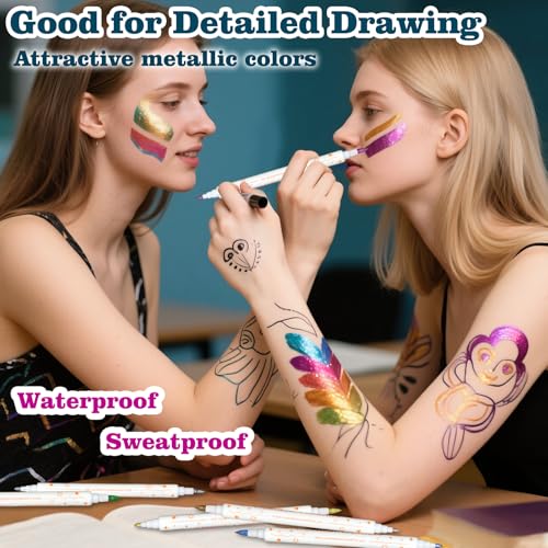 12 Colors Metallic Face Paint Glitter Tattoo Kit, Washable Glittering Face Body Painting Pens for Halloween Makeup Party Festival Clubs Cosplay Costume