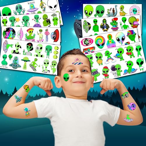 96PCS Cute Alien Temporary Tattoos Themed Birthday Party Decorations Supplies Favors Decor Funny Outer Space Galaxy Stickers Tattoo Gifts for Girls Boys School Prizes Carnival Halloween Christmas
