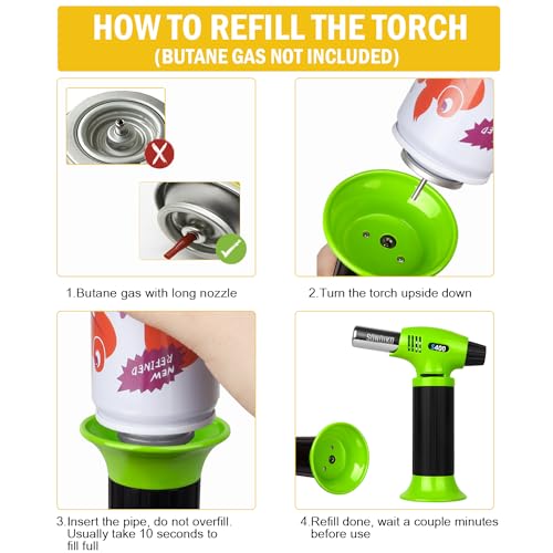 Sondiko Butane Torch Lighter S400, Refillable Kitchen Torch, Fit All Butane Tanks Blow Torch with Safety Lock and Adjustable Flame for Desserts, Creme Brulee, and Baking, Green