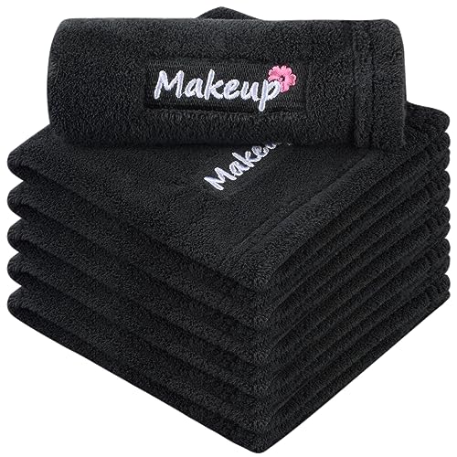 SINLAND Plush Microfiber Makeup Remover Wash cloths Reusable embroidery Face Cloths Ultra Soft Coral Fleece Fingertip Face Towels for Make Up Removal 12 x 12 Inch 6Pack Black