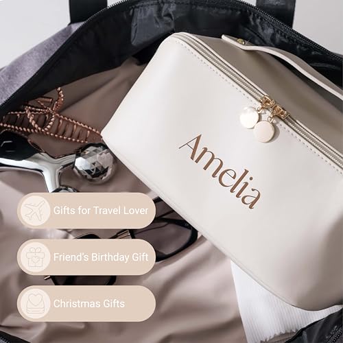 Personalized Large Makeup Bag - Embroidered Blue PU Leather