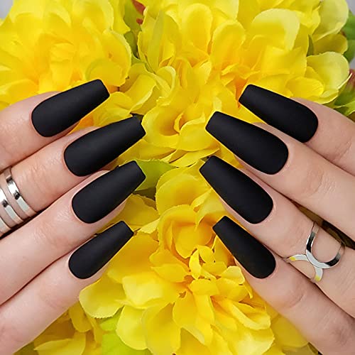 Hypnaughty Press On Nails - Rhinestone & Noir Black Matte Coffin, Trendy & Salon Quality Reusable Nails With Kit