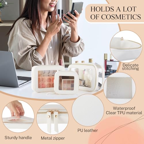 4 Pcs Leather Clear Makeup Bags Set for Women Travel Clear Cosmetic Case Toiletry Bags with Zipper Makeup Brush Case Waterproof Organizer Storage for Women Men Travel Accessories, 4 Sizes(White)