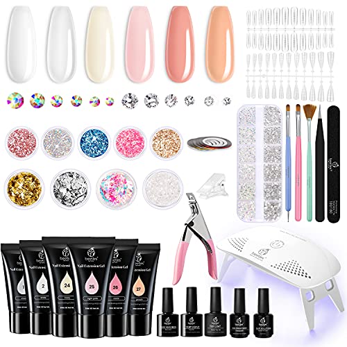 Beetles Poly Extension Gel Nail Kit, 6 Natural Skin Tone 30g gel with Mini Nail Lamp Slip Solution Rhinestone Glitter Nail Art Brush All In One Kit for Nail Manicure Starter Kit Gift for Women
