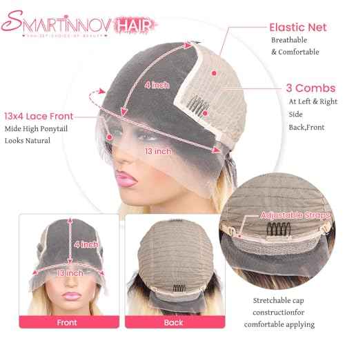 13x4 HD Lace Frontal Wigs 1B613 Ombre Blonde Human Hair Pre Plucked 150% Density 24 Inch Straight Bleached Knots with Dark Roots Transparent Invisible Glueless Lace Front Human Hair wigs for Women