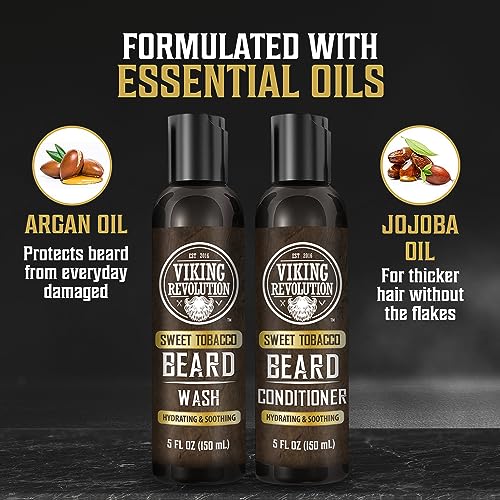 Viking Revolution Beard Wash and Beard Conditioner for Men with Argan Oil and Jojoba Oil - Beard Softener and Strengthener Beard Care Beard Shampoo and Conditioner with Beard Oil (5oz, Sweet Tobacco)