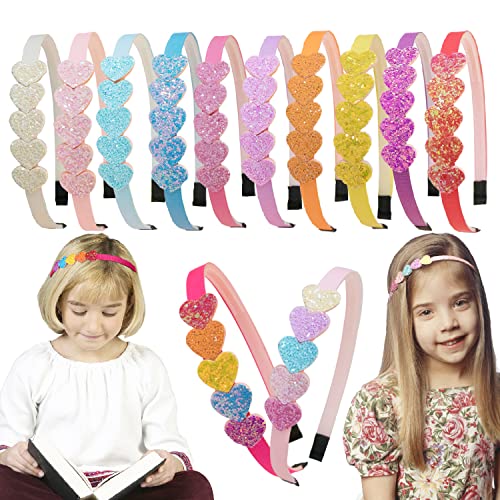 XIMA 12PCS Glitter Heart Headbands for Girls,Cute Rainbow Girls Headbands,Hair Accessories for Kids Toddlers Teens Childrens