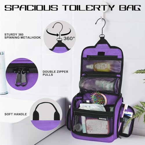 Goloni Hanging Toiletry Bag with Hook, Large Makeup Bag Travel Organizer, Water-Resistant Hanging Cosmetic Bag with 10 Compartments for Women & Men,Purple