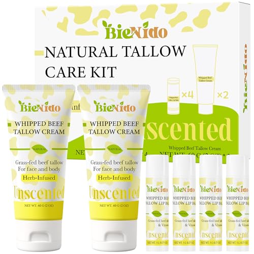 Beef Tallow for Skin: Organic Grass Fed Tallow Cream & Lip Balm Set ? Natural Dry Skin Moisturizer for Face, Body, Hands & Lips