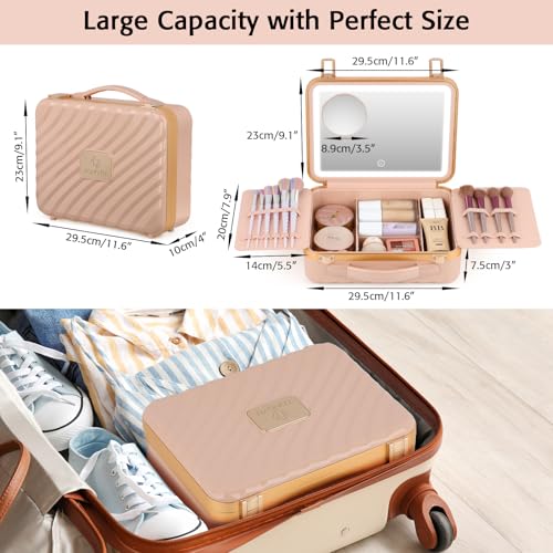 Longyu Makeup Box with Lighted Mirror Travel Train Case Cosmetic Organizer and Makeup Suitcase with Adjustable Dividers and 5X Mirror (Pink)