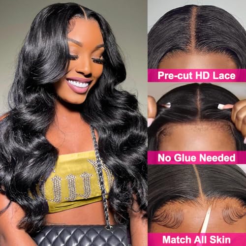 Hedy Wear and Go Glueless Wigs Human Hair Pre Plucked Pre Cut HD Lace No Glue Body Wave Lace Front Wigs for Black Women Human Hair Glueless with Natural Hairline 180% Density 22 Inch