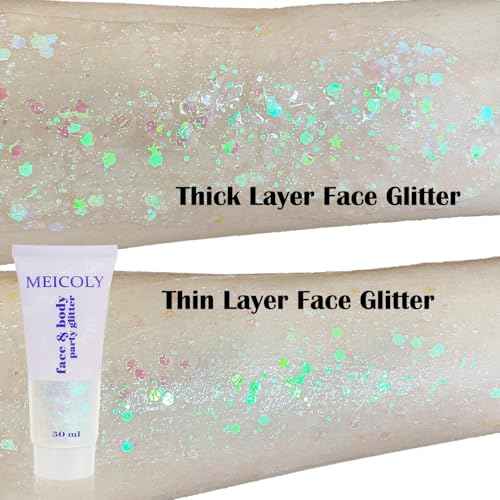 MEICOLY Clear White Body Glitter,Singer Concerts Music Festival Rave Accessories,Mermaid Face Glitter Gel,Sequins Glitter Face Paint,Chunky Hair Sparkling Halloween Glitter Gel for Women,50ml
