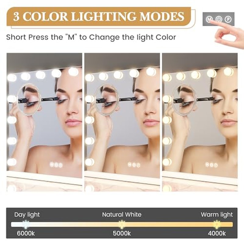 Vanity Mirror with Lights, 23" x 18" Makeup Mirror with Lights, Hollywood Lighted Vanity Mirrors with 15 Dimmable LED Bulbs, 3 Color Modes, Light up Mirror with Touch Control for Bedroom, Tabletop