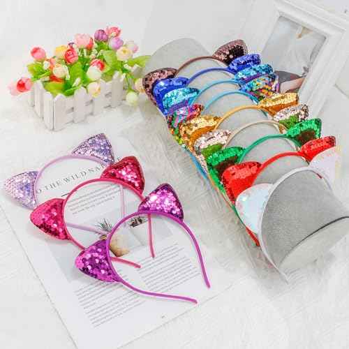 COCIDE 12Pcs Cat Ears Headbands Set with Sequins for Girls - Birthday Party, Halloween Hair Accessories and Favors