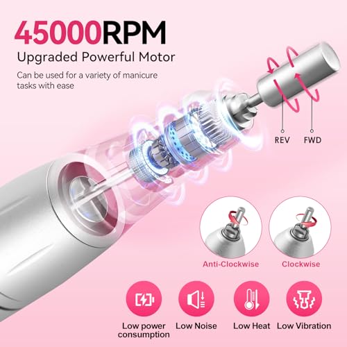 Electric Nail Drill Machine Rechargeable Portable Nail File Electric DIY Nail Drill Kit 45000RPM with Smart LCD Screen for Gel Nail Manicure and Pedicure Reflective Body etc (Orange)