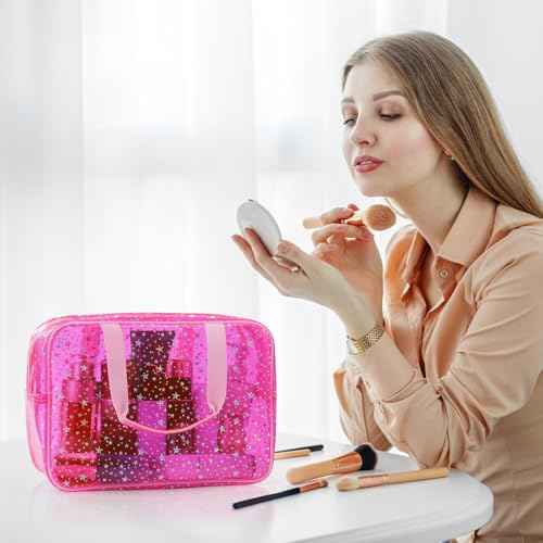 PVC Clear Makeup Bag for Women Waterproof Star Make Up Bag Toiletry Bag Travel Durable Cosmetic Bag Large Cute Tote Bag Organizer Makeup Pouch, Pink