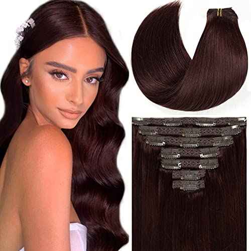 Loxxy 20Inch Seamless Clip In Human Hair Extensions 9A Grade Remy Human Hair Red Wine Color #99J Double Weft Silky Straight Natura Human Hair Thick Silky Straight Hair 7pcs 140 Gram